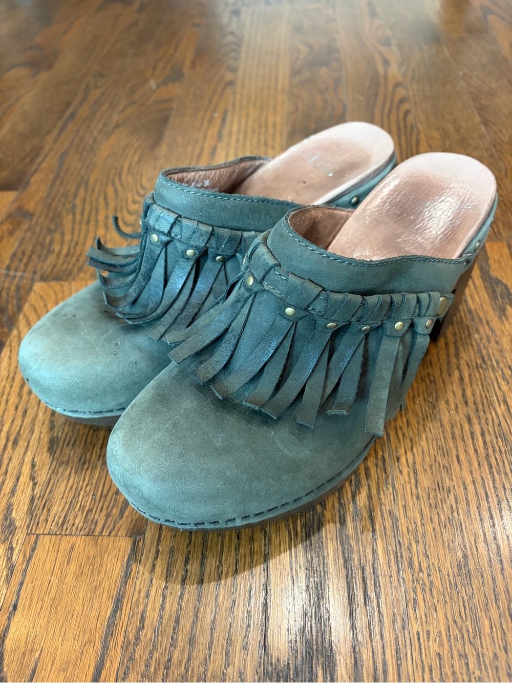 DANSKO Deni Olive Green Suede Fringe Heeled Clogs
